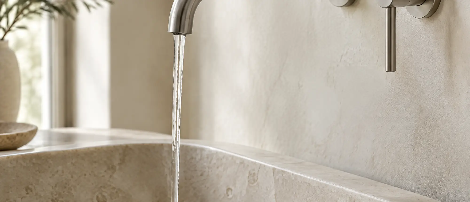 Wandarmatur aus gebürstetem Nickel über einem Waschbecken aus Kalkstein
