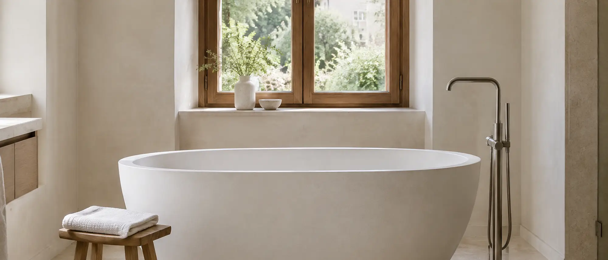 Renoviertes Bad in einer Altbauvilla mit freistehender Wanne unter einem hohen Holzfenster