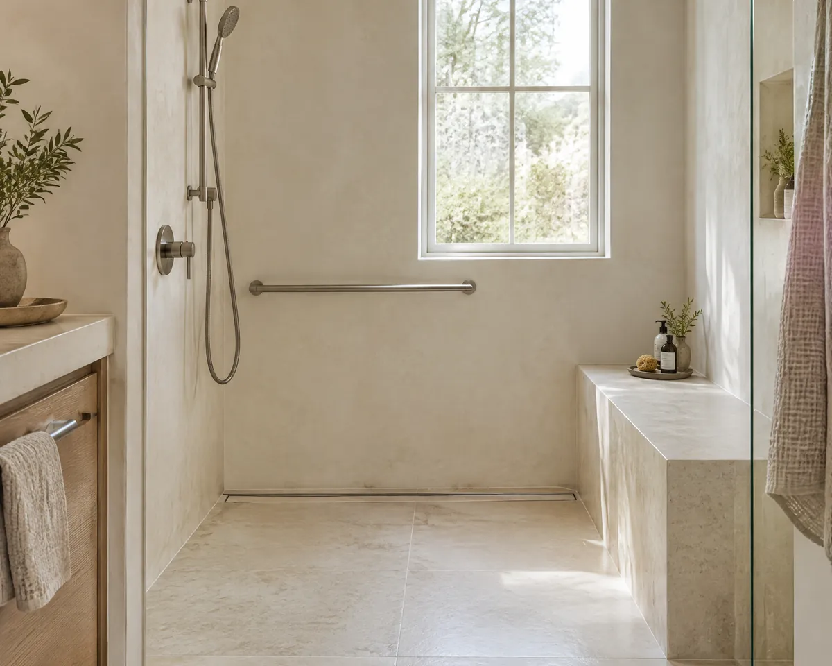 Barrierefreie Dusche mit Steinbank und schlankem Haltegriff