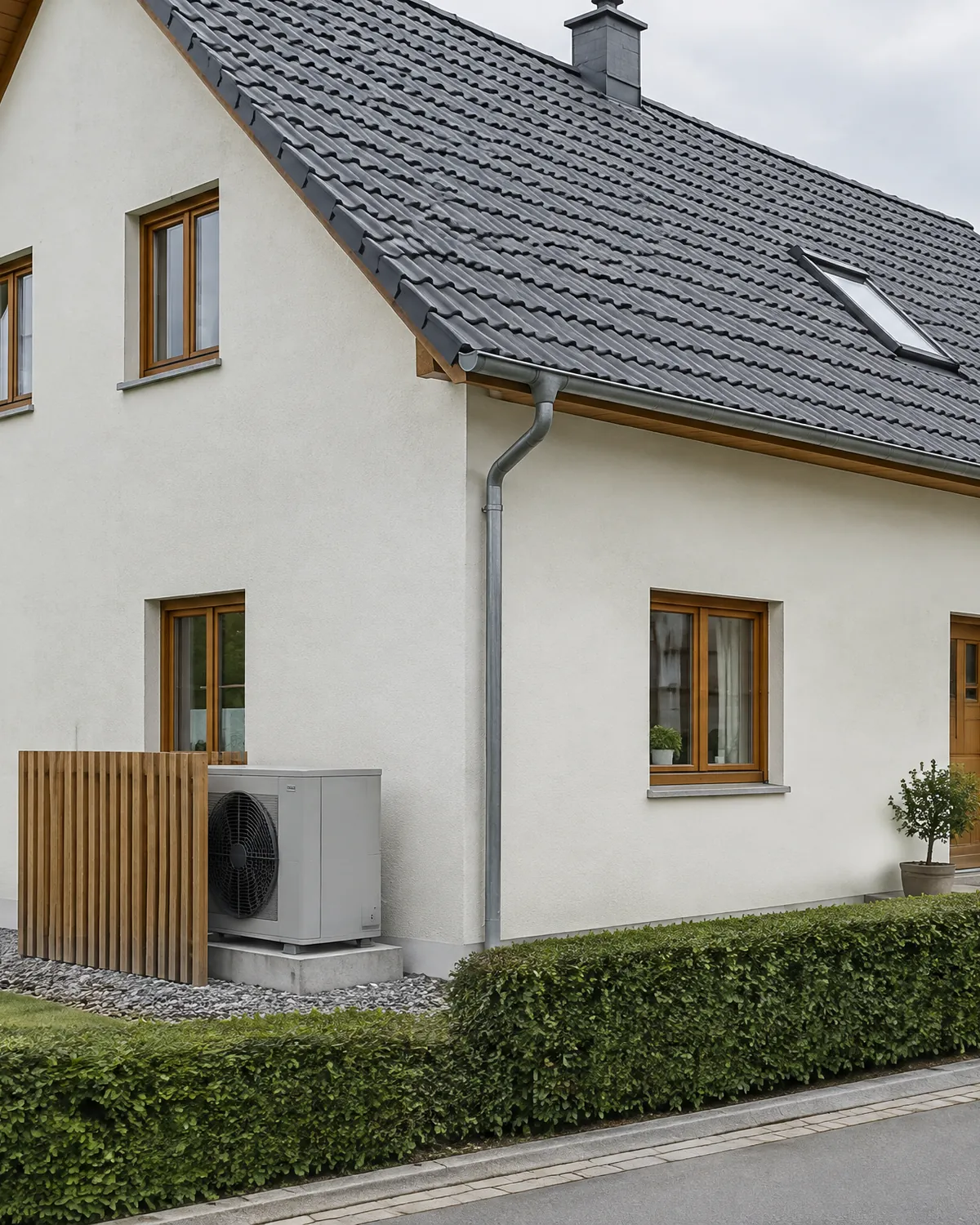 Renoviertes Wohnhaus in Franken, Wärmepumpe hinter einer Holzlamellenwand