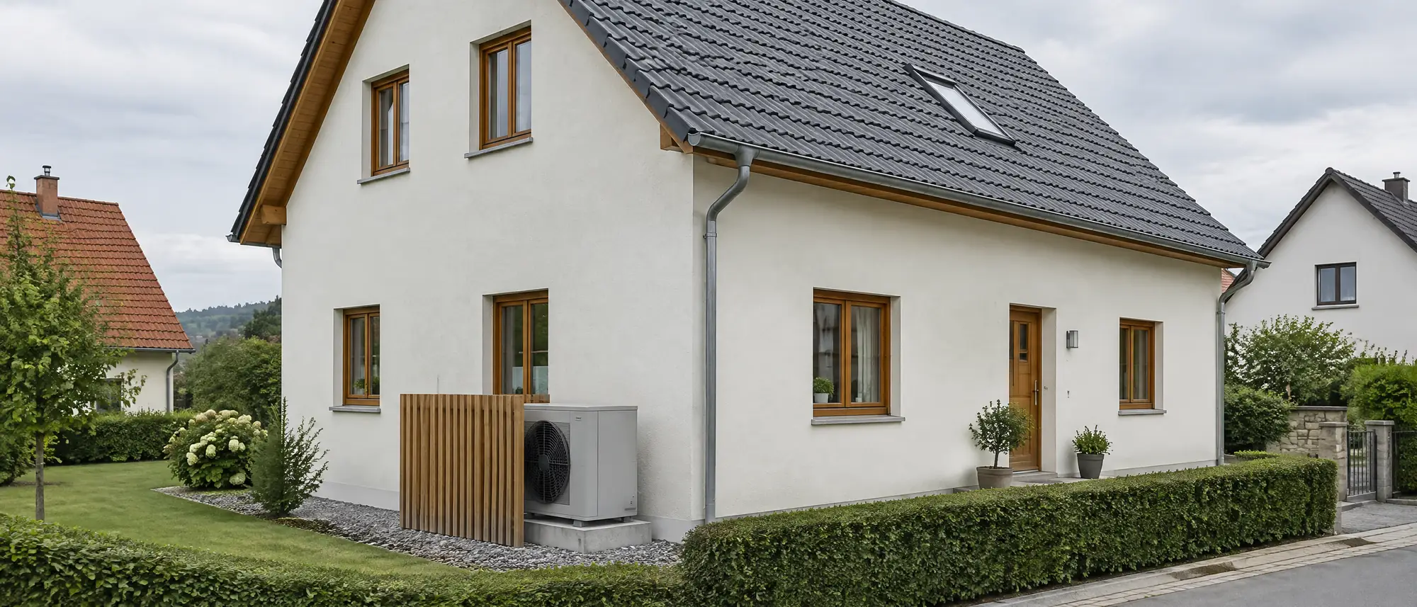 Renoviertes Wohnhaus in Franken, Wärmepumpe hinter einer Holzlamellenwand