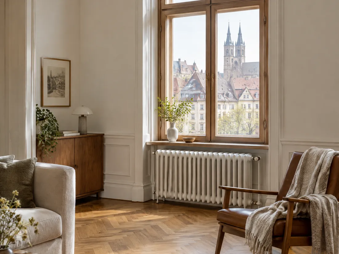 Restaurierter Gliederheizkörper unter einem hohen Fenster in einer Bamberger Altbauwohnung