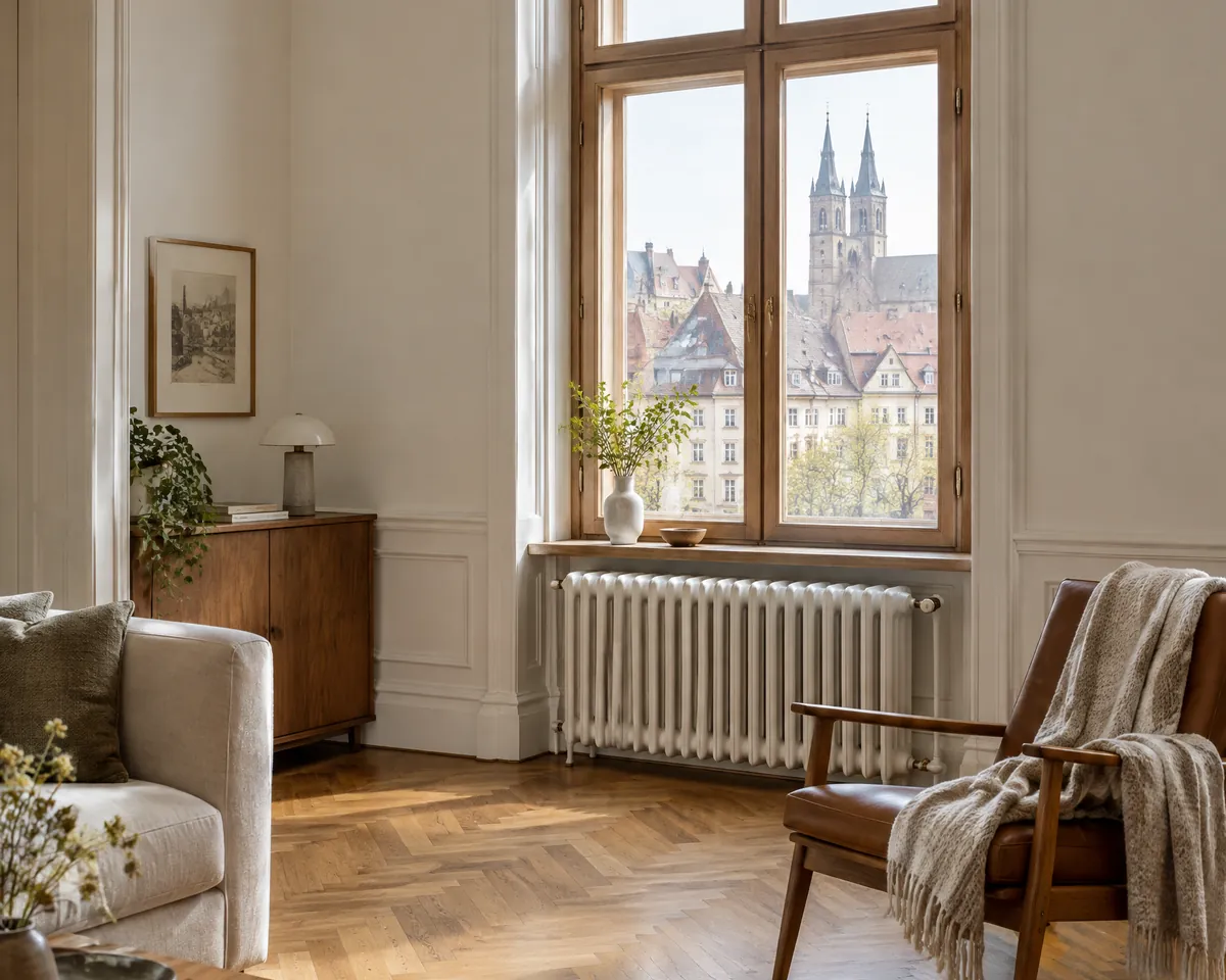Restaurierter Gliederheizkörper unter einem hohen Fenster in einer Bamberger Altbauwohnung