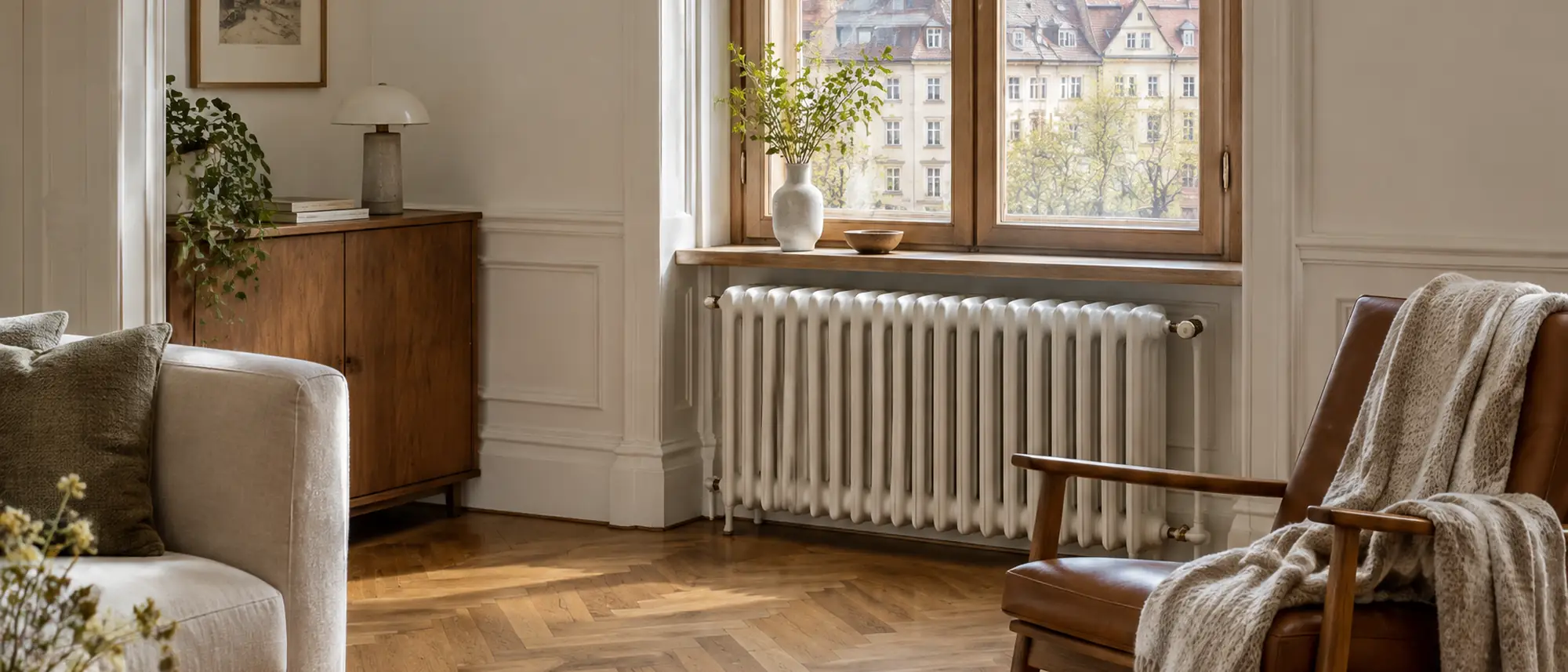 Restaurierter Gliederheizkörper unter einem hohen Fenster in einer Bamberger Altbauwohnung