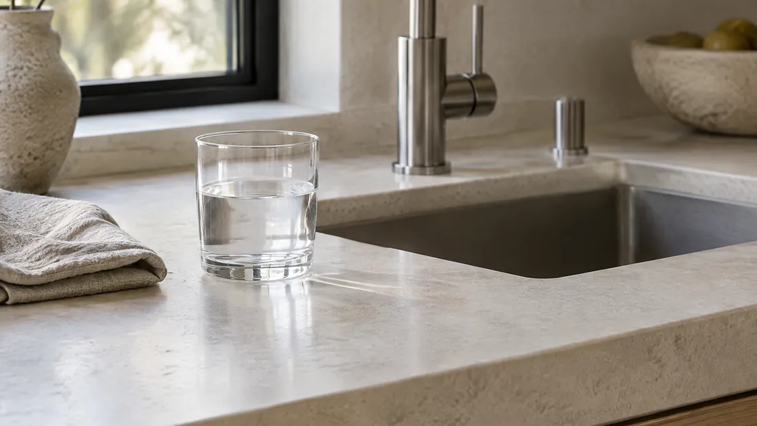 Glas Wasser auf einer Arbeitsplatte aus Kalkstein neben der Küchenarmatur