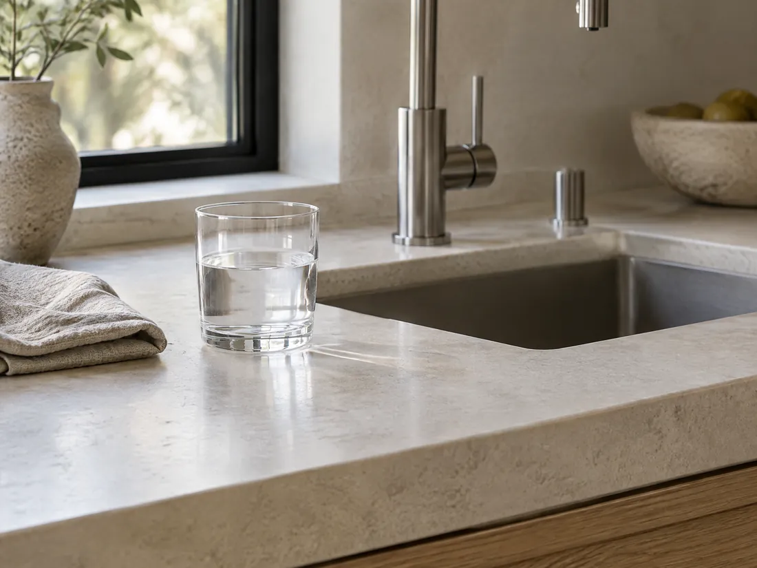 Glas Wasser auf einer Arbeitsplatte aus Kalkstein neben der Küchenarmatur