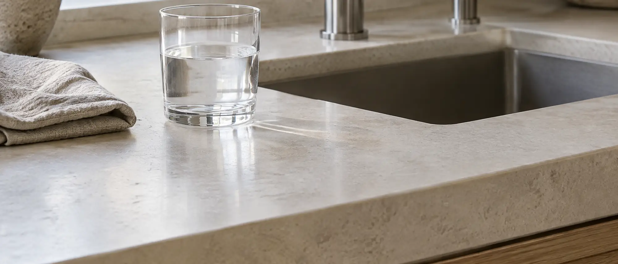 Glas Wasser auf einer Arbeitsplatte aus Kalkstein neben der Küchenarmatur