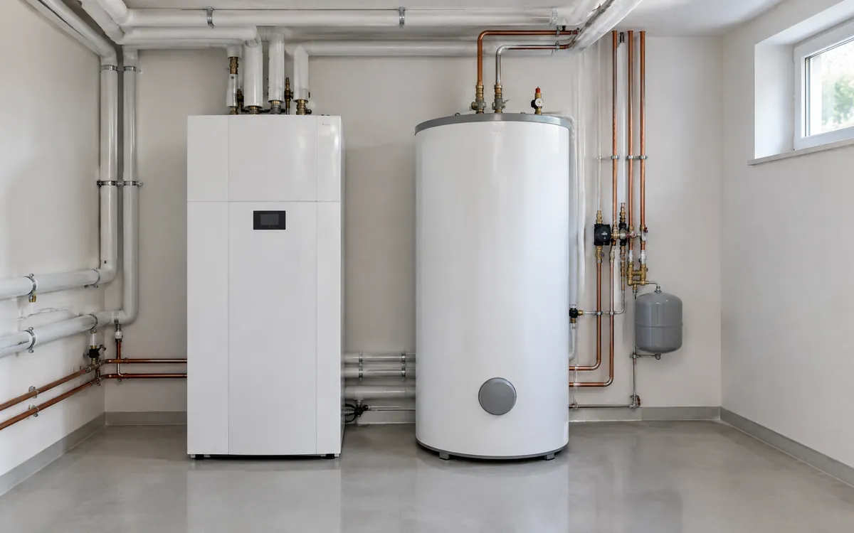 Aufgeräumter Technikraum mit Wärmepumpe, Speicher und sauber geführten Leitungen
