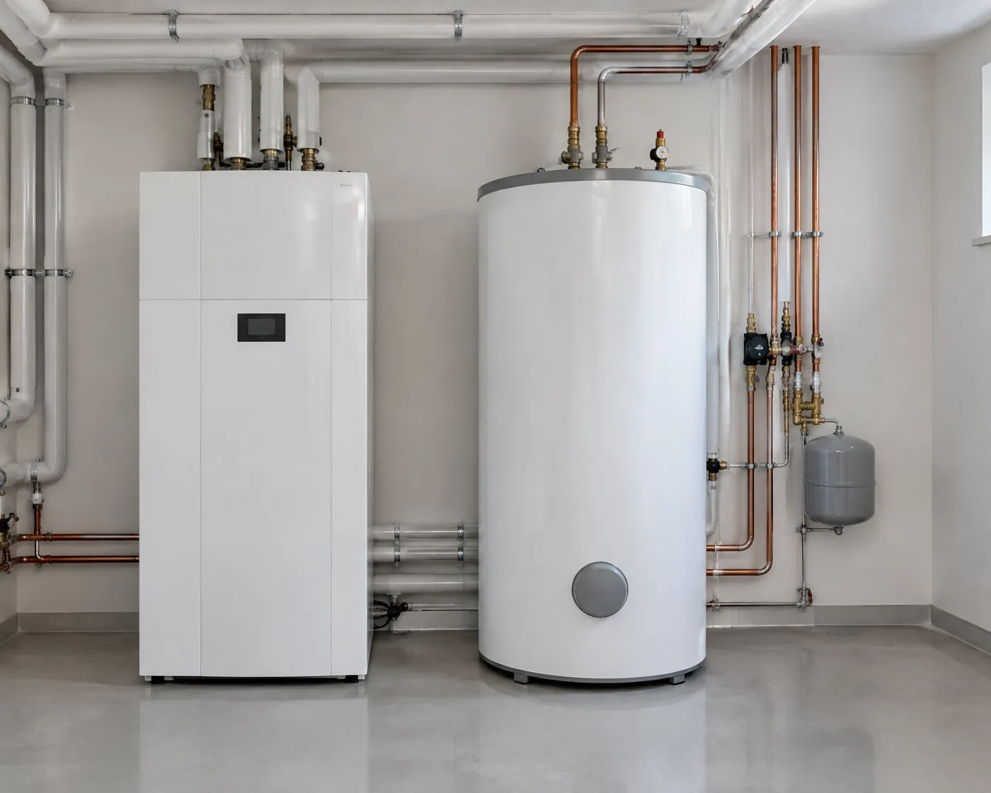 Aufgeräumter Technikraum mit Wärmepumpe, Speicher und sauber geführten Leitungen