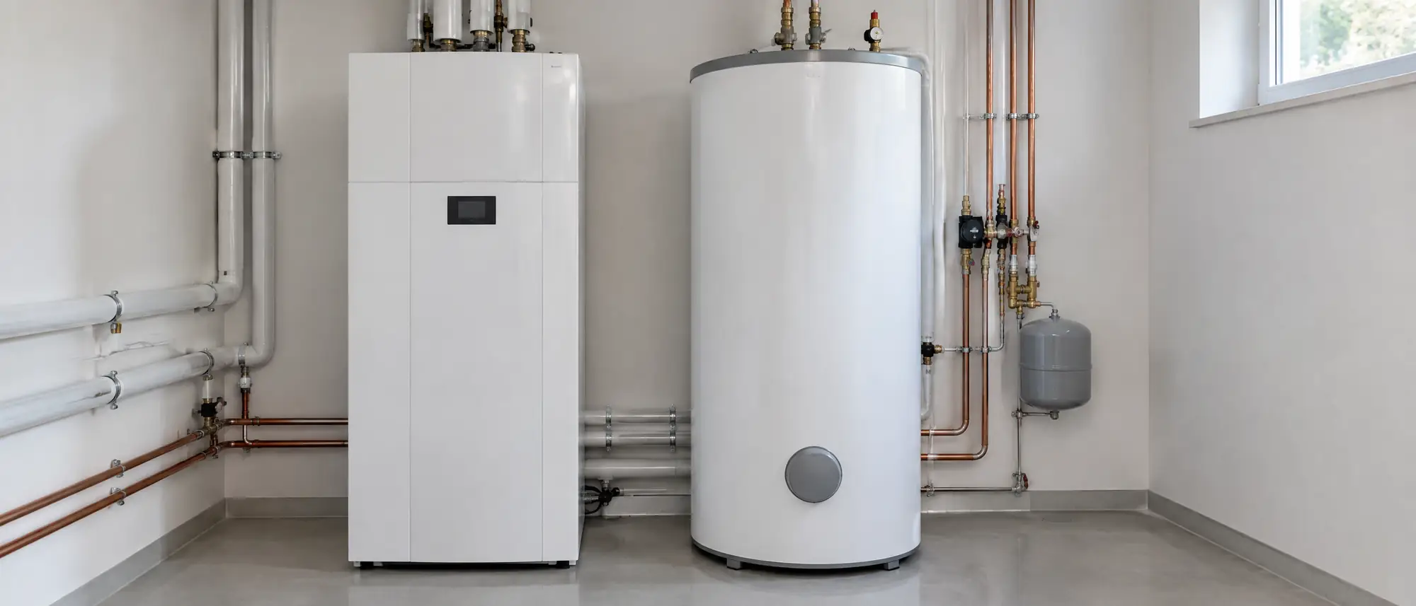 Aufgeräumter Technikraum mit Wärmepumpe, Speicher und sauber geführten Leitungen